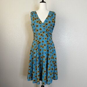 Lindy Bop Blue Sunflower V-neck Sleeveless Midi Dress, Size 6